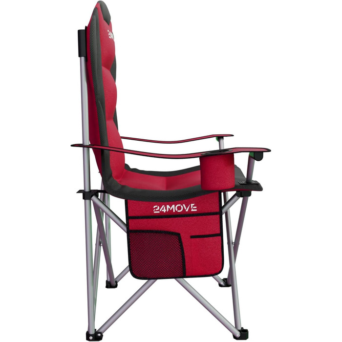 Складаний кемпінговий стілець 24MOVE, вантажопідйомність до 150 кг, складний рибальський стілець, м&39який стілець з підлокітниками, тримач для напоїв кишеня, висока спинка, пляжний стілець, складаний табурет, червоний