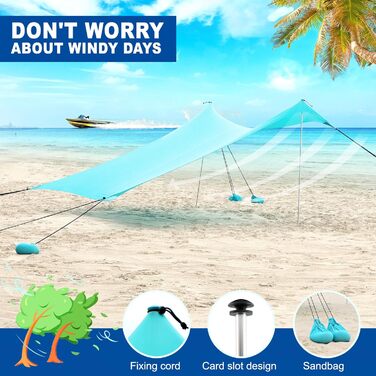 Портативний сонцезахисний намет з 2 стійками, пляжний намет для захисту від сонця, сонцезахисний тент для пляжу, саду, кемпінгу, патіо, 215x200 см (2*2 м), 2 стійки
