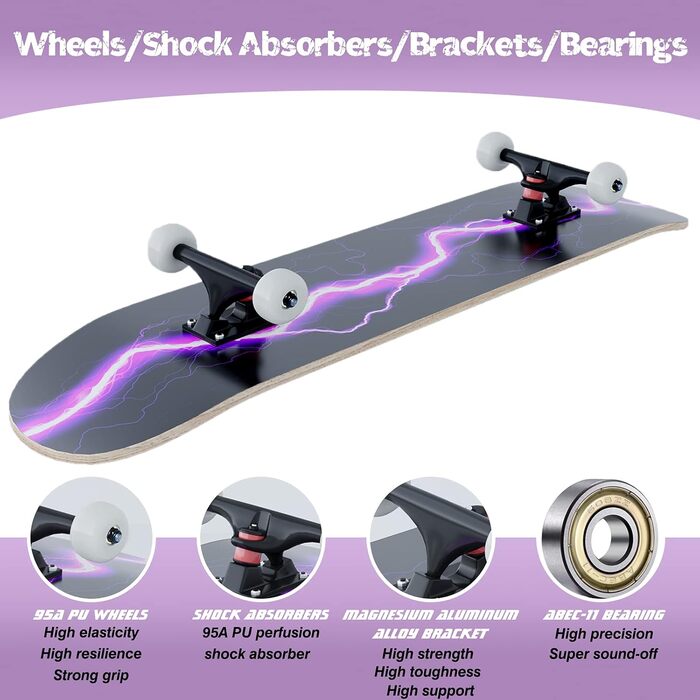 Скейтборд Blitz 31 x 8 дюймів - 8-шарова кленова дека, симетрично скошена з обох кінців, ABEC-11 підшипники, 95A PU колеса, для хлопчиків, дівчаток, підлітків, вуличних скейтбордистів, дорослих, початківців, надзвичайно широкий, фіолетовий блискавка дизай