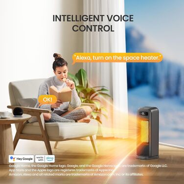 Енергозберігаючий вентилятор-обігрівач, портативний керамічний PTC вентилятор-обігрівач потужністю 1500 Вт, тихий, коливальна панель 70, 12-годинний таймер, захист від перегріву та перекидання, сумісний з Alexa та Google Assistant, чорний, 4 режими, 40 см