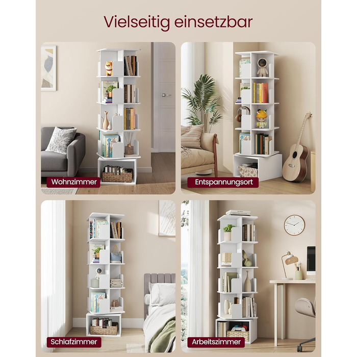 Колекція Custos - Обертова книжкова шафа, 5-ярусна полиця для зберігання, Окремостояча полиця з відкритими відділеннями, 40 x 40 x 155,8 см, для спальні, вітальні, офісу, Хмарно-білий LBC472WB01