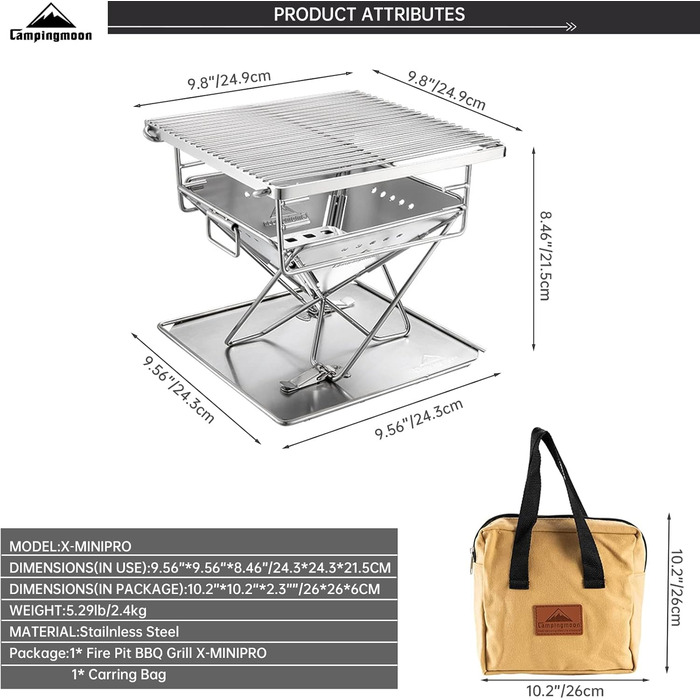 Портативний гриль Campingmoon, складне вогнище для вулиці, дров&39яна піч з нержавіючої сталі для 1-2 осіб з сумкою для перенесення X-MINI-PRO Міні-гриль на деревному вугіллі CM-X-MINI-PRO