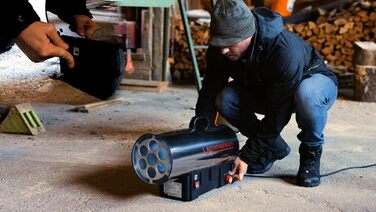 Промисловий газовий обігрівач/нагрівальна гармата Rothenberger з п&39єзоелементом, шлангом, регулятором, захистом від розриву шланга RoTurbo 35000SA 1000C Регульований Включає Bluetooth-динамік, час роботи до 30 годин RoTurbo 35000 з регульованою функцією