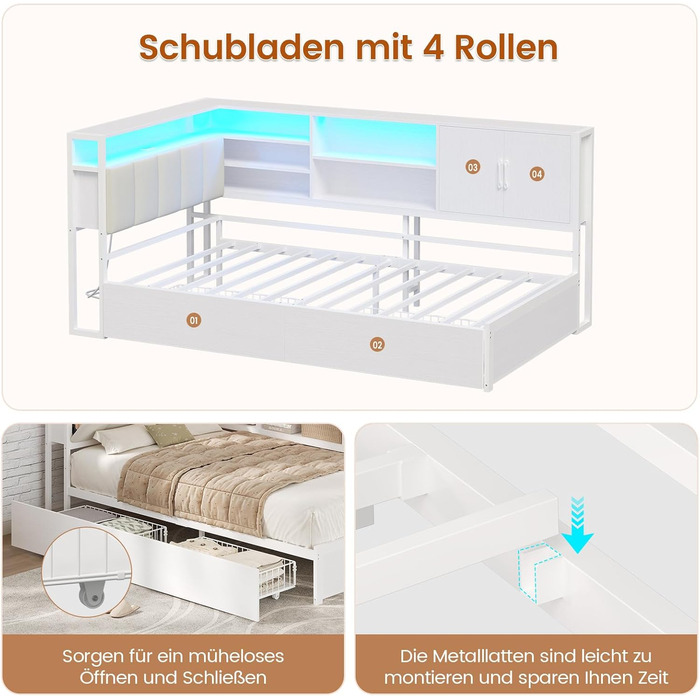 М&39яке ліжко/диван-ліжко 90x200 зі світлодіодним освітленням, зарядною станцією, кушеткою, дитячим ліжком з 2 шухлядами та металевим рейковим каркасом, узголів&39ям з місцем для зберігання, відкритими полицями, шафою, біле 90 x 200 см