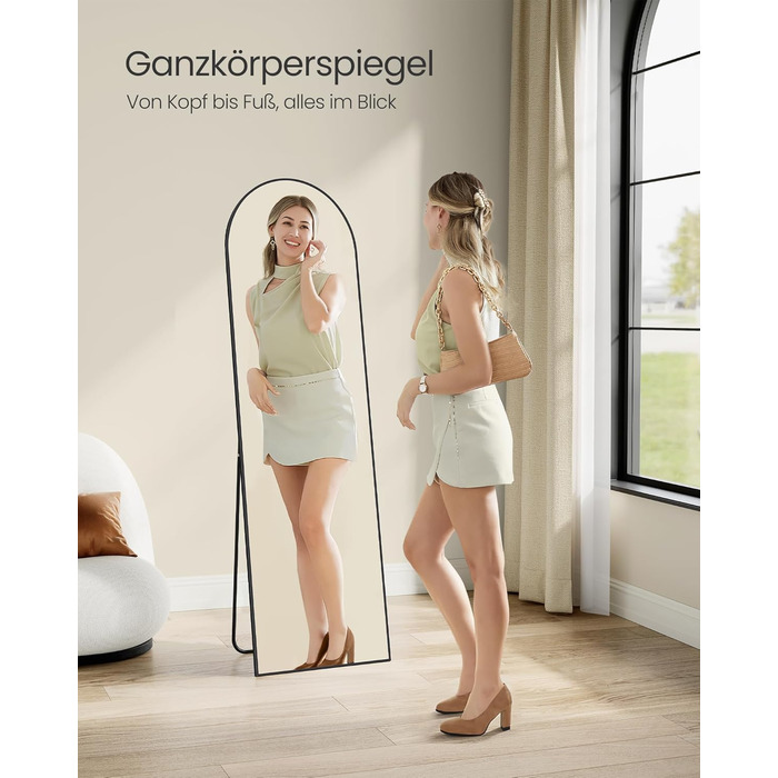 Дзеркало SONGMICS на весь зріст, 160 x 50 см, вигнуте дзеркало-стійка, рама з алюмінієвого сплаву, загартоване скло, для спальні, вітальні, шафи, чорний колір LFM031B01 160L x 50B см
