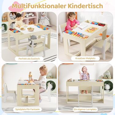 Дитячий комплект сидіння MAMIZO з місцем для зберігання, дитячий стіл з 2 стільцями, комплект дитячого столу та стільців з двосторонньою стільницею, дитячий стіл для дитячих кімнат та дитячих садків, вік 3, колір дерева з білим