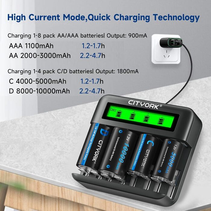 Акумуляторні батареї CITYORK D Cell 10000mAh з 8 слотами для заряджання NI-MH батарейок типу AA, AAA, CD (зарядний пристрій та 6 батарейок типу D)