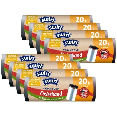Пакетів для сміття з фіксуючою стрічкою Swirl Fixing Tape 20 л (15 пакетів/рулон) - 20 літрів, стійкі до розриву та протікання, виготовлені з переробленого пластику, 8
