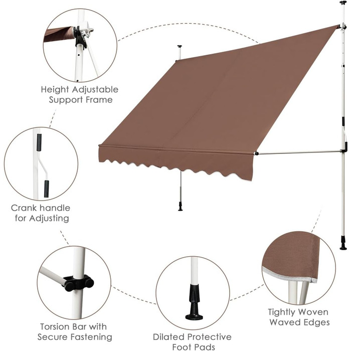 Тент HOMASIS із затискачем 150/200/250/300/350/400 см, регульований по висоті сонцезахисний козирок, балконний тент без свердління, балконний тент з ручним приводом, захист від ультрафіолету, тент із складним кронштейном для зовнішніх територій (коричневи