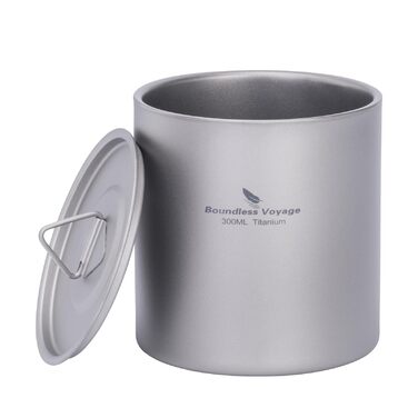 Титанова кружка iBasingo 300 мл, чашки з подвійними стінками та кришкою, надлегкі штабельовані металеві чашки для чаю та кави, міцні портативні напої для кемпінгу, подорожей та щоденного використання на свіжому повітрі Ti3242D 300 мл Ti3242d