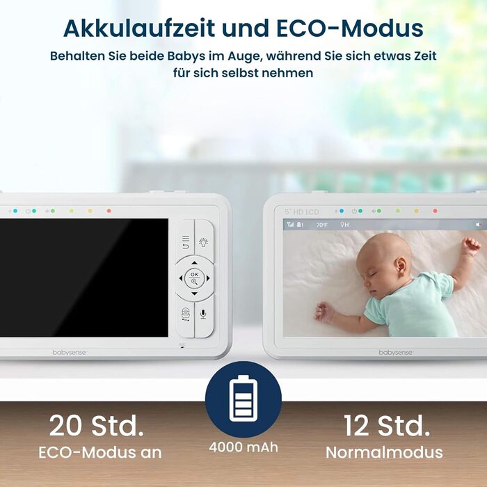 Радіоняня з камерою, 5 дюймів 720P HD, без WiFi, нічник, колискові, радіус дії 300 м, двосторонній аудіо, режим ECO, 4-кратне збіл