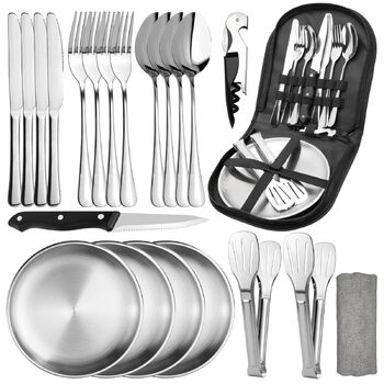 Набір посуду для кемпінгу на 4 особи, набір посуду для активного відпочинку на 22 предмети, столові прибори для кемпінгу з ложкою, виделкою, ножем, затискачем для тарілок, серветки для чищення пікніків, для подорожей (22)