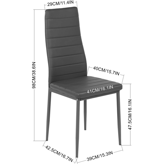 Обідні стільці, комплект з 4 шт. , штучна шкіра, протестовані SGS, висока спинка, водонепроникні, кухонний стілець, обідній стілець або стілець за обіднім столом, сірий ПВХ сірий, 4 стільці