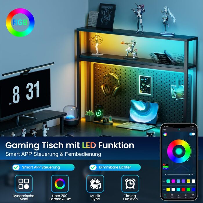 Ігровий стіл, кутовий стіл 150 x 100 см з 3 розетками та 2 USB-портами, двосторонній L-подібний ігровий стіл зі світлодіодним підсвічуванням, комп&39ютерний стіл з висувними ящиками та підставкою для монітора для ігор, домашній офіс, чорний 150 x 100 см