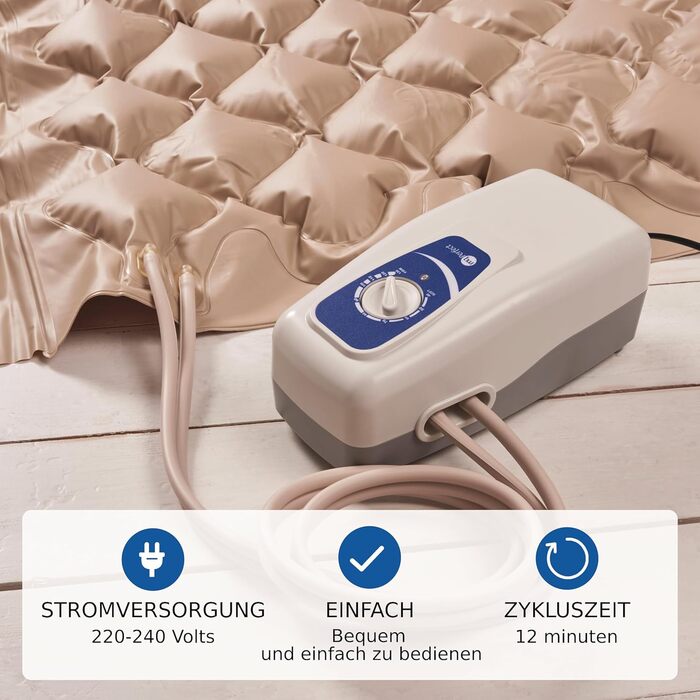 Комплект протипролежневих матраців SANICO Complete - Надувне протипролежневе ліжко з моторизованим компресором та торцевими клапанами - Накладка для полегшення пролежнів, покращена якість сну, макс. 135 кг, бежевий матрац - Комплект