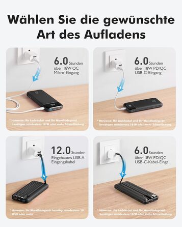 Зовнішній акумулятор Charmast Power Bank потужністю 22,5 Вт 20000 мАг з 4 кабелями та світлодіодним дисплеєм, USB C PD3.0 QC4.0, зовнішній акумулятор для мобільного телефону з 6 виходами, сумісний з iPhone 17 16 15 14 13 12 Pro Max Plus, планшетом Samsung