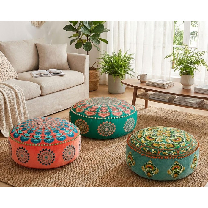 Бірюзовий круглий пуф-пуф з оксамитовою вишивкою Мяка вишита підлогова подушка з марокканським візерунком, діаметром 60 см, ідеально підходить для вітальні, спальні або кімнати для медитації. Бірюзовий колір 59Г x 59Ш x 20В см
