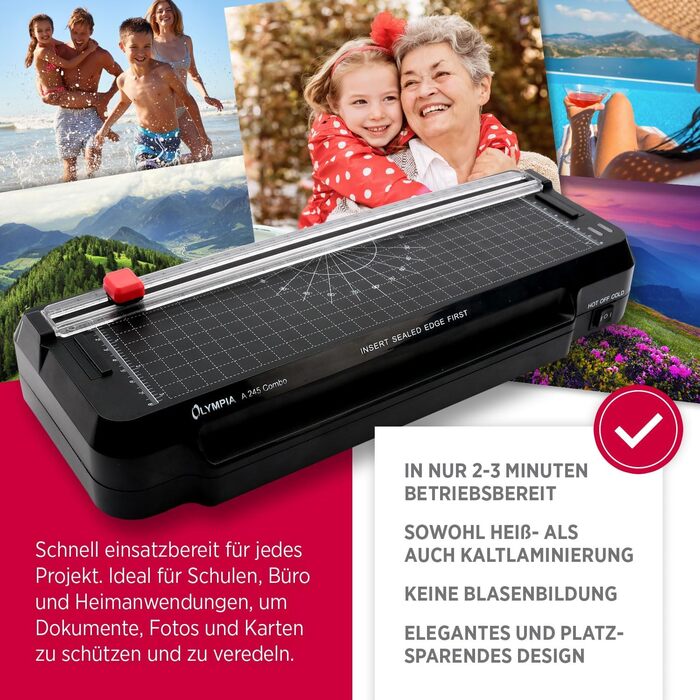 Ламінатор Olympia A 245 Combo 4-в-1 Гарячий та холодний ламінатор Комплект для ламінування документів A4 Вбудована лінійка для різання Комплект ламінуючих пакетів та закруглювач кутів Швидкий час нагрівання Розмір документа A4