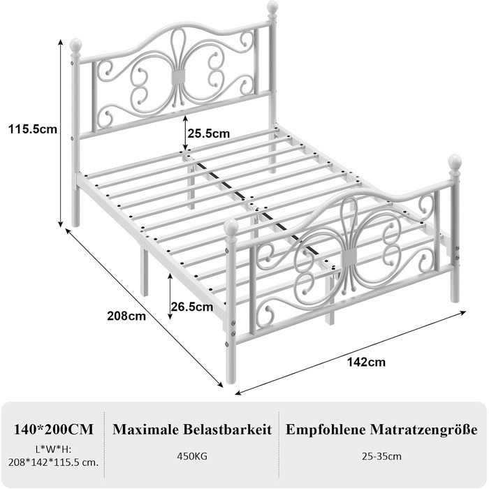 Ліжко 140x200 з узголів&39ям та узніжжям у формі метеликів/основа матраца/місце для зберігання речей під ліжком/рейковий каркас не потрібен/легке складання/тиха робота/білий 140 x 200 см