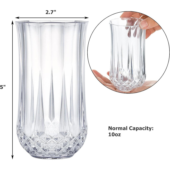 Пластикових склянок хайбол, 10 унцій / 280 мл небитка акрилова чашка для пиття прозора старомодна тумблер для води, для коктейлів
