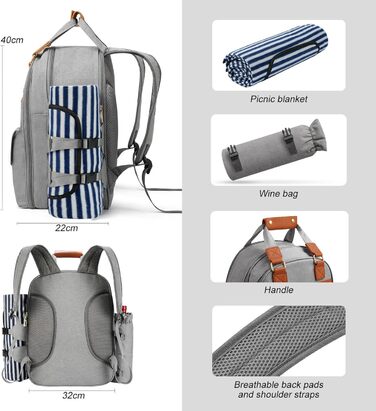 Рюкзак для пікніка на 4 особи з відділенням-холодильником та підставкою для вина, флісовою ковдрою, набором столових приборів, для кемпінгу, пляжу, одноденних поїздок, походів, аксесуарами (світло-сірий)