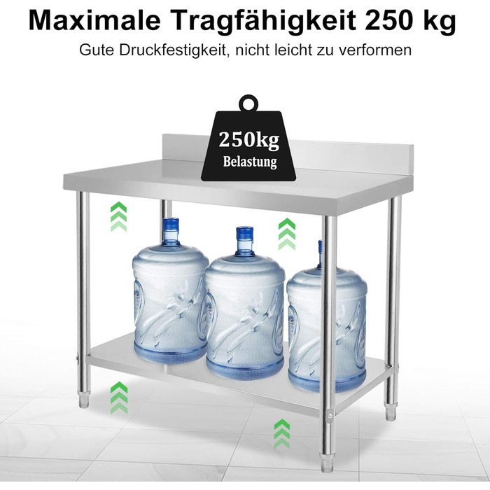 Робочий стіл з нержавіючої сталі UISEBRT з підніжкою, Кухонний стіл з нержавіючої сталі з регульованими ніжками, Кухонний стіл/розбірний стіл з дуже великою нижньою полицею, 150 x 50 x 85 см, з підніжкою