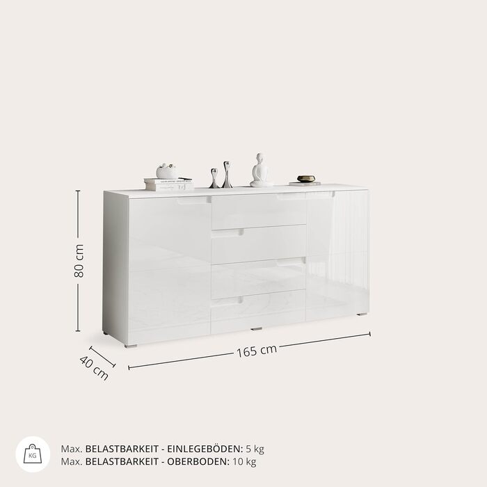 Комод Stella Trading SPICE, глянцевий білий - Сучасний комод з великою кількістю місця для зберігання речей у вашій вітальні - 165 x 80 x 40 см (Ш/В/Г)