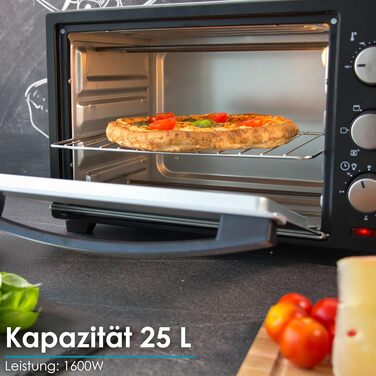 Міні-піч STEInBORG 25 літрів Піч для піци Духова шафа 3в1 Міні піч Міні-піч Лоток для крихт Верхній/нижній нагрів Конвекція 60 хв. Таймер 1 600 Вт (25 літрів нержавіюча сталь)