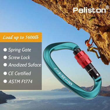 Карабін для скелелазіння Paliston 25kN, алюмінієвий, з гвинтовим затвором, D-подібний, з карабіном, колір B-зелений, 3 шт.