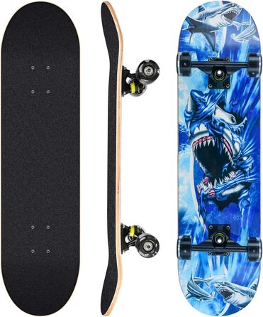 Повний скейтборд Blau-Shark 78.7 x 20.3 см - 8-шарова дека з клена, ABEC-11 підшипники, блискучі PU колеса, для дітей, підлітків та дорослих, блакитний акула дизайн