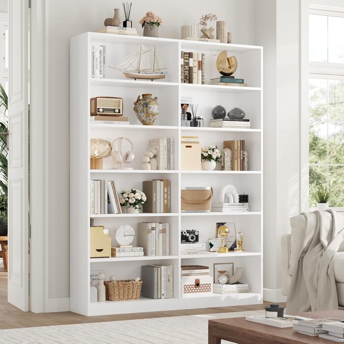 Книжкова полиця FirFurd з 12 відділеннями, книжкова шафа, окремостояча полиця, полиця для зберігання речей для вітальні, офісу, кухні, 120 x 30 x 188,7 см, білий