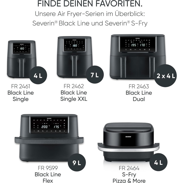 Аерофритюрниця Severin FryLight FR 2461, 4л, 1300Вт, чорна фритюрниця без олії з сенсорним дисплеєм, 8 автоматичними програмами та функцією підігріву