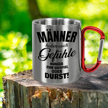 Кружка з нержавіючої сталі 330 мл із кумедним написом Чоловіки теж мають почуття кружка з карабіном з нержавіючої сталі, подарунок для активного відпочинку, кемпінгу, походів, днів народження, Різдва (чоловікам, червона ручка)