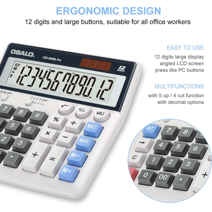 Калькулятор OSALO з великими кнопками, надзвичайно великий дисплей, 12-розрядний настільний калькулятор, офісний калькулятор (OS-200ML) світло-блакитний