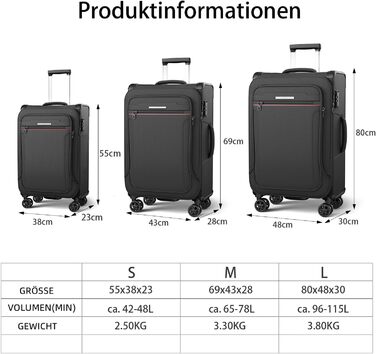 Розширюваний валіза-кейc з мяким корпусом - ручна поклажа, малий розмір 55x38x23 см, тканинний валіза на колесах, водонепроникний, з 4 колесами та TSA замком, обєм 48 літрів, чорний S Чорний
