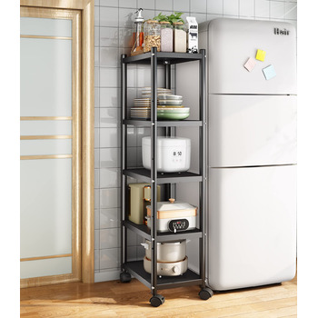 Окремостоячий стелаж SAYZH, 5 ярусів, міцна металева полиця, вузька кухонна полиця, полиця для зберігання з колесами та нековзними ніжками для гаража, кухні, офісу, бібліотеки, кутова, чорна, 5 ярусів