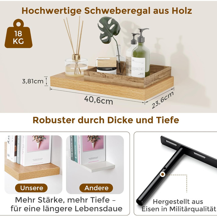 Дерев&39яна настінна полиця, надзвичайно широка 23,5 см, настінна дошка 40 см, дубова полиця, комплект з 2 шт., плаваюча полиця, полиця для кухні, кабінету, ванної кімнати, спальні та вітальні, дуб 40x23,5x3,8 см - комплект з 2 шт.