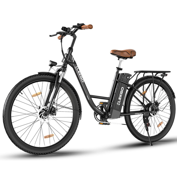 Дюймовий електричний велосипед, 7-швидкісний жіночий велосипед, міський електровелосипед, РК-дисплей, з передньою вилковою підвіскою, міський електровелосипед для чоловіків та жінок, чорний, 28-