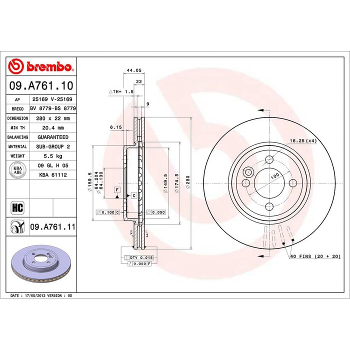 Гальмівні диски передні Brembo 09.A761.11 з UV-покриттям, 2 шт.