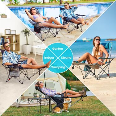 В-1 кемпінгове крісло 180 кг з підставкою для ніг, пляжне крісло з 4-позиційною регульованою спинкою, складне крісло-реклайнер з підсклянником, кемпінгове крісло для використання на свіжому повітрі, , чорний колір, 2-