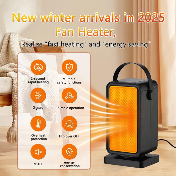 Енергозберігаючий електричний вентилятор-обігрівач, 600 Вт, керамічний нагрівач PTC із захистом від перегріву та перекидання, 2 налаштування термостата, 12-годинний таймер, для офісу, дому, гуртожитку, ванної кімнати