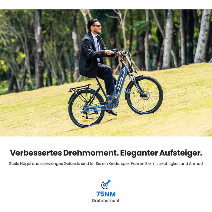 Електровелосипед Touroll MA1 26 дюймів для дорослих, міський електричний велосипед з двигуном 250 Вт 75 Нм із середнім приводом та акумулятором 36 В 468 Втгод, запас ходу 110 км, гідравлічні дискові гальма, електровелосипеди для чоловіків та жінок