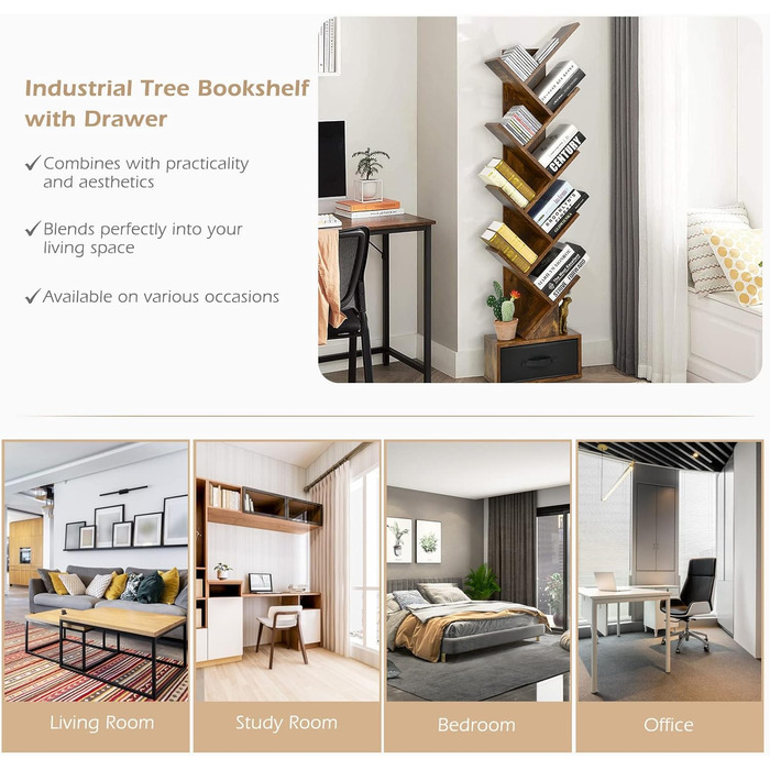 Рівнева книжкова полиця з шухлядою, книжкова полиця/полиця для CD/DVD у формі дерева, окремостояча полиця у формі дерева, перегородка для кімнати/полиця для файлів/полиця для зберігання, дерев&39яна, 38x20x149,5 см, вінтажний коричневий колір, 10-