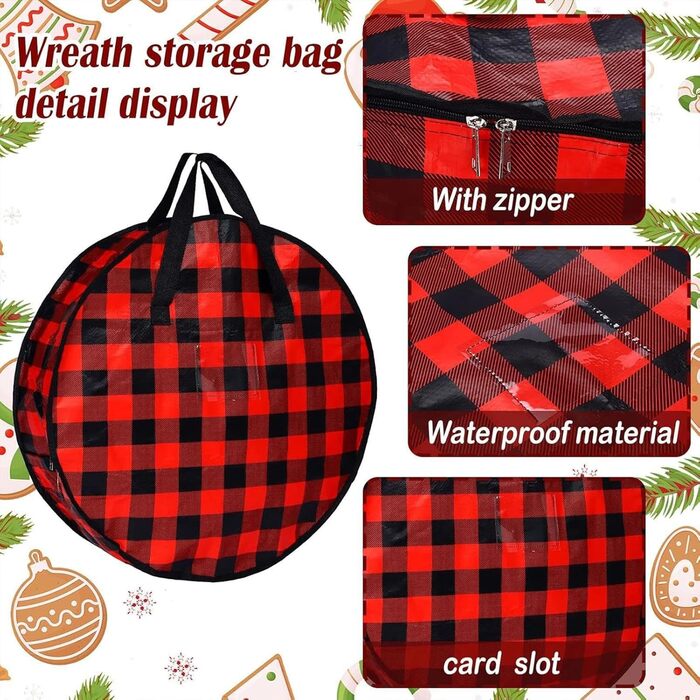 Коробка для зберігання різдвяного вінка, 2 шт. и, тартановий візерунок Сумка на блискавці та ручкою для шафи, будинку, горища, підвалу, гаража, Різдва, спальні, гуртожитку 76 x 18 см