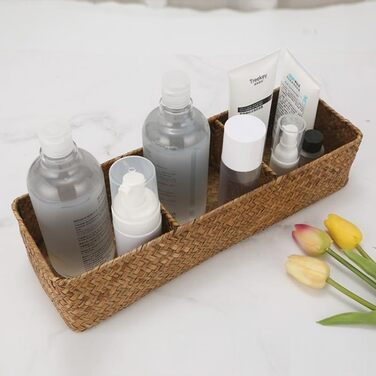 Кошик для зберігання з морської трави для ванної кімнати, плетений кошик для зберігання, плетена скринька для зберігання у ванній кімнаті з 3 відділеннями (37 x 12 x 8 см)