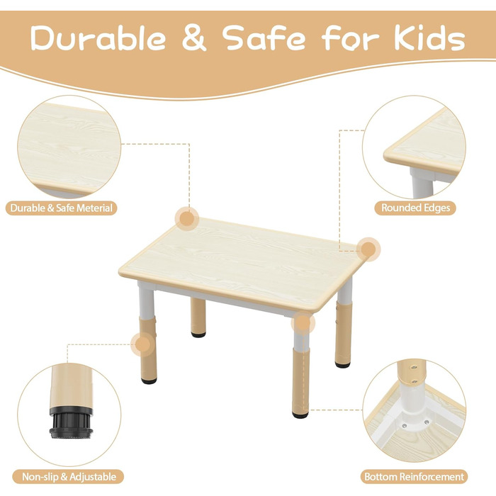 Дитячий стіл з 4 стільцями, серветками та дитячим стільцем для дитячого садка, регульований по висоті, з гравітаційною плитою та нековзною подушкою кольору дерева