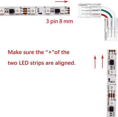 Кутовий конектор світлодіодної стрічки Amefil 3 контакти для світлодіодної стрічки WS2811 WS2812 12 В 24 В шириною 8 мм, без пайки, швидке підключення, 5 шт.