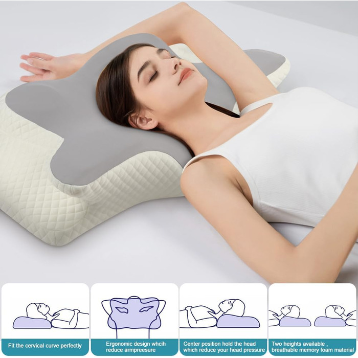 Подушка для шиї OSDUE, подушка з піни з ефектом пам&39яті, ергономічна подушка, подушка для сну на боці, спині та животі (сіра) світло-сіра