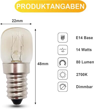 Лампа для духовки EASYIVY E14, термостійкість до 300 градусів Лампа для духовки E14 з диммуванням для духовки AEG/Neff/Whirlpool/Smeg/Bosch, мікрохвильової печі, соляної лампи, лампи для холодильника, теплий білий 2700К, 2 шт.