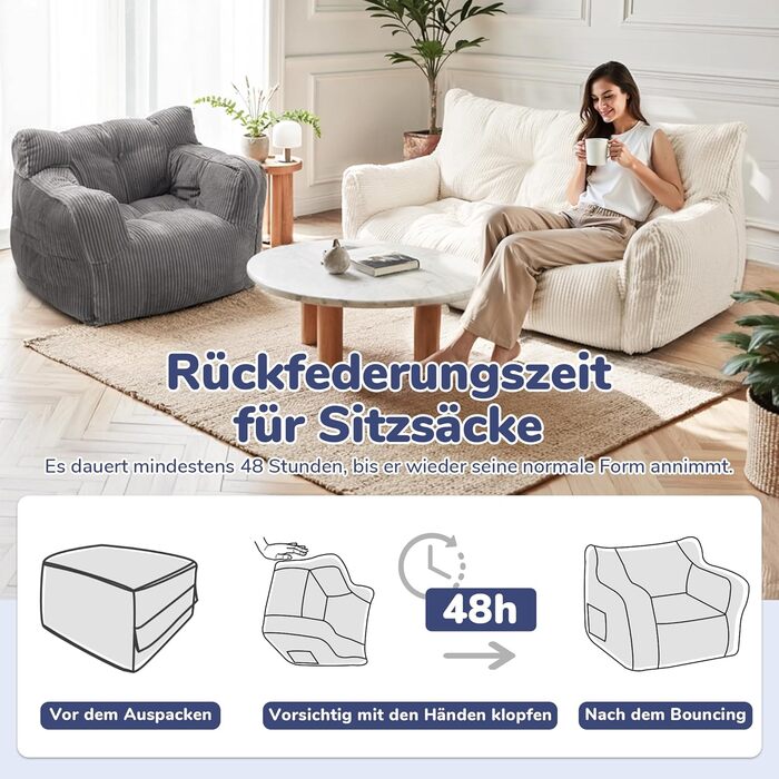 Крісло-мішок Pamapic для дорослих, наповнене крісло-мішок з портативною ручкою, сучасне ергономічне крісло-мішок, крісло-мішок для приміщень для вітальні, спальні, ігрової кімнати, бежевий 70Г x 80Ш x 55В см